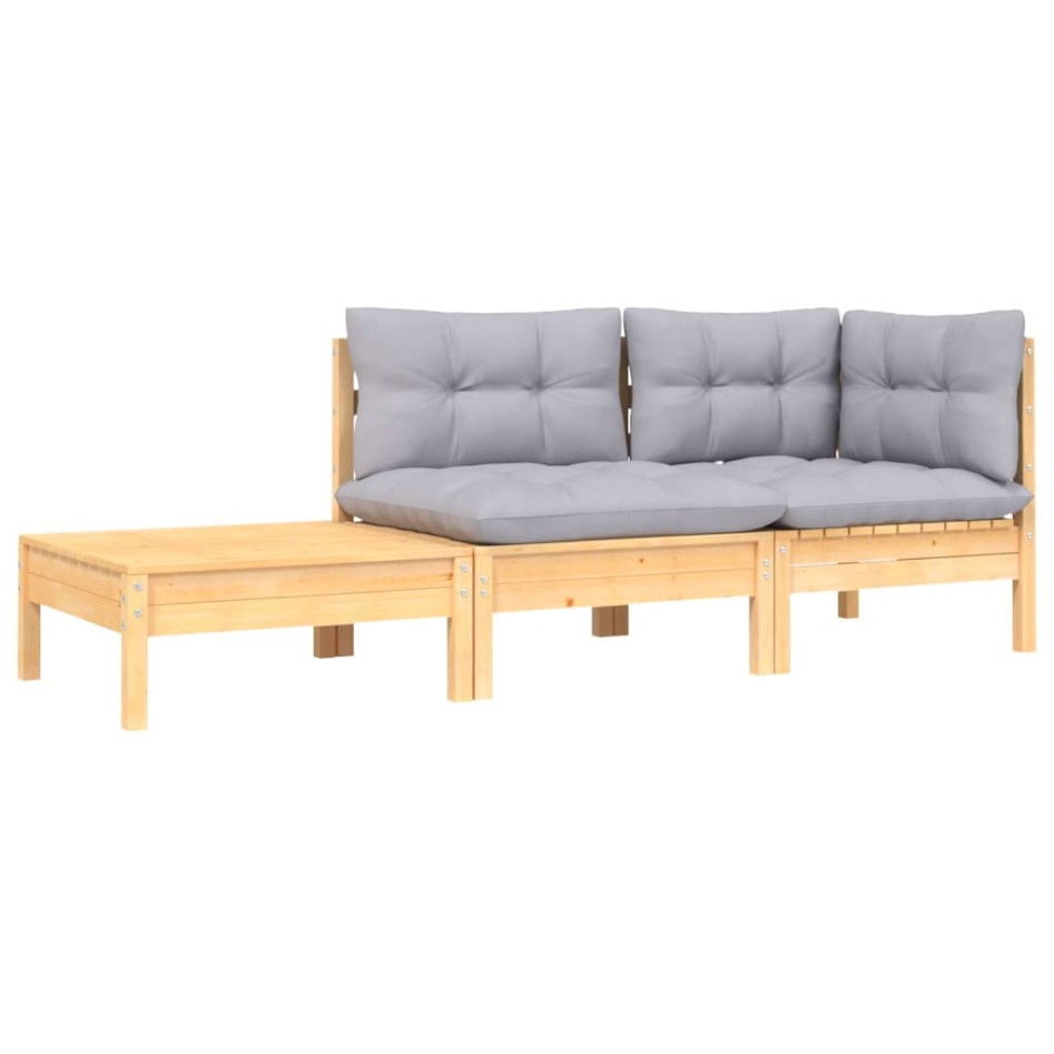 Juego muebles jardín 3 pzas con cojines gris madera pino