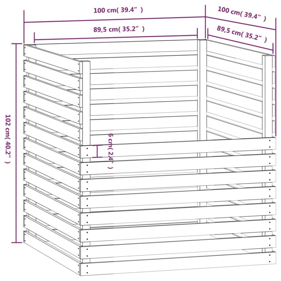 Compostador de madera maciza de pino gris 100x100x102