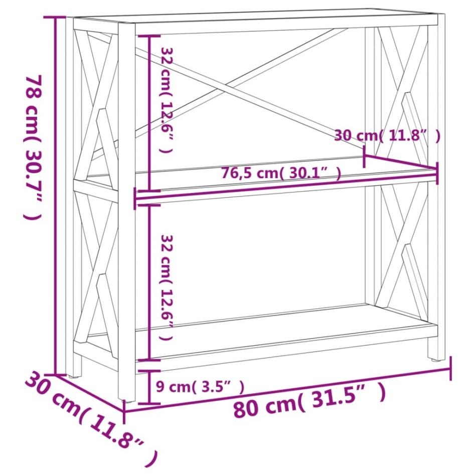 Estantería de 3 niveles madera maciza de roble 80x30x78
