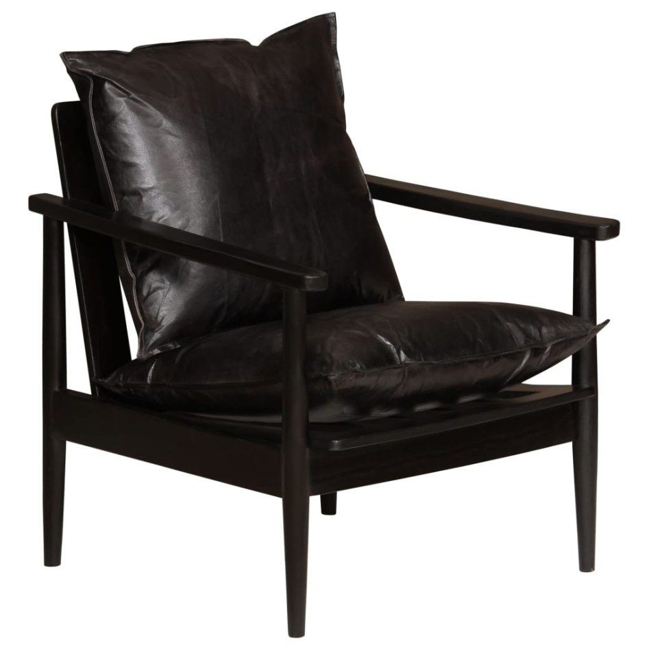 Sillón de cuero auténtico negro con madera de