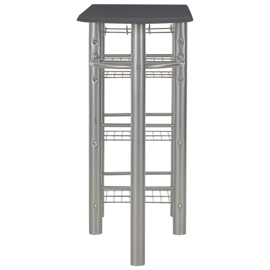 Mesa y taburetes de cocina con estantes de madera y acero