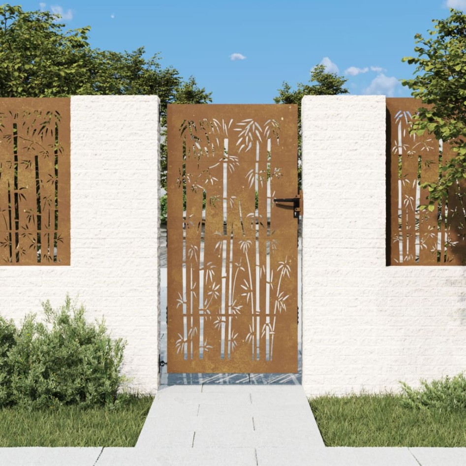 Puerta de jardín acero corten diseño bambú 85x200