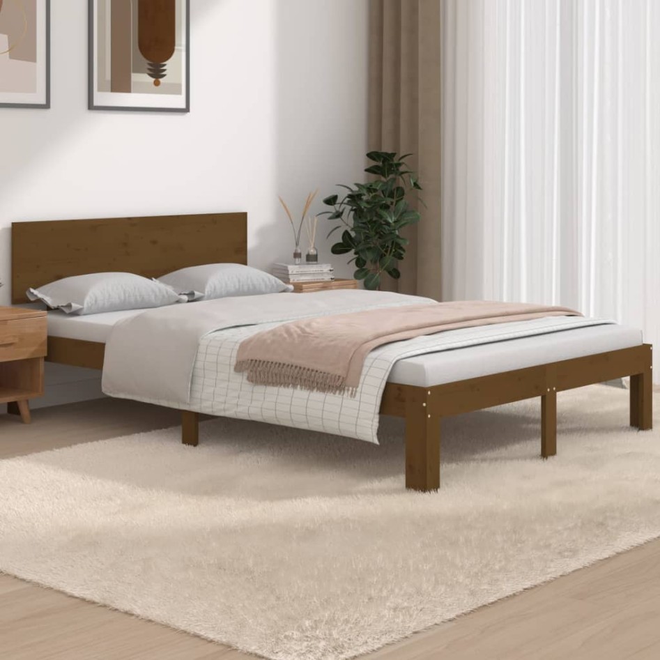 Estructura de cama doble madera maciza marrón miel 120x190