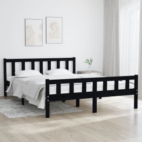 Estructura de cama madera maciza negra King Size 150x200