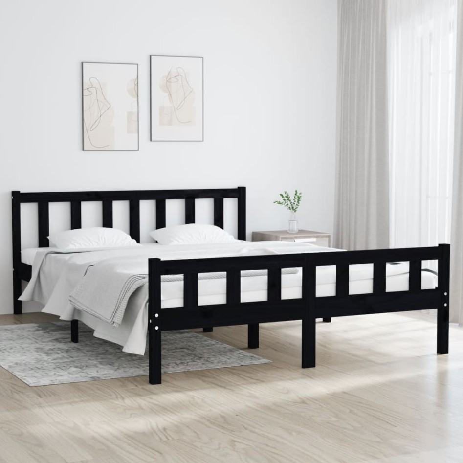 Estructura de cama madera maciza negra King Size 150x200