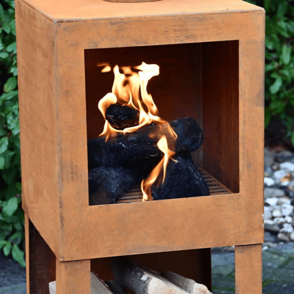 Esschert Design Chimenea exterior con sitio para leña oxidada
