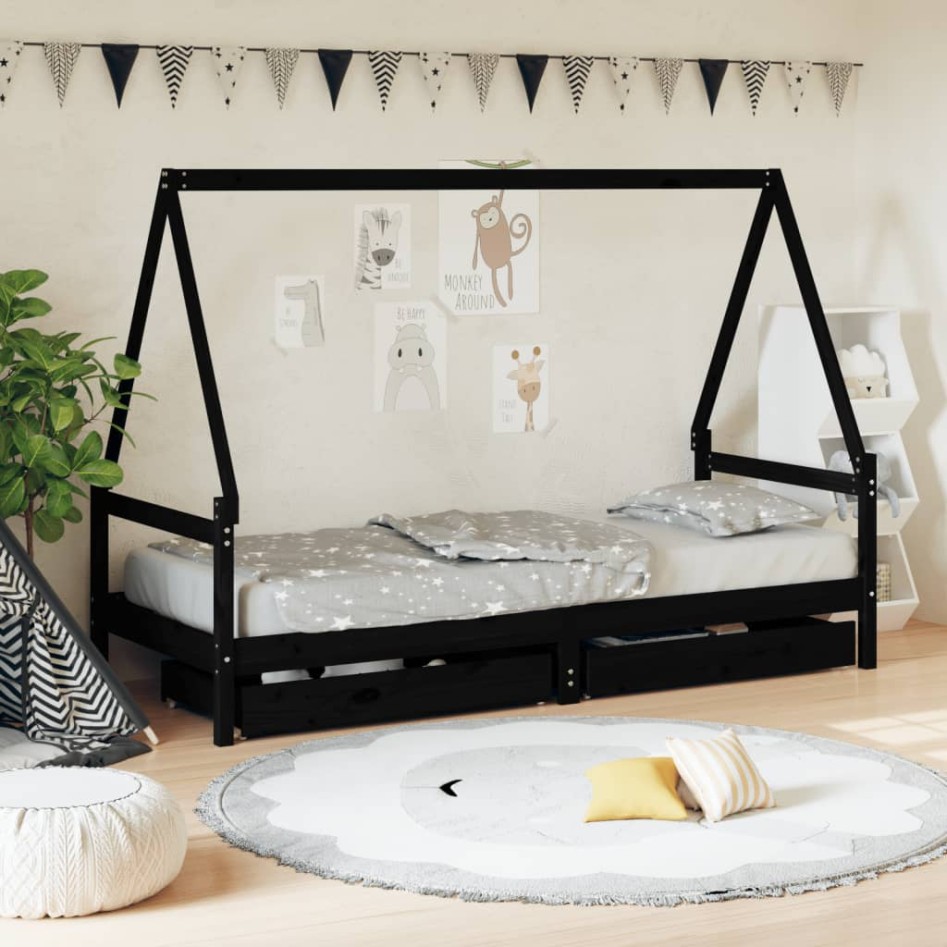 Estructura cama infantil y cajones madera pino negro 90x190