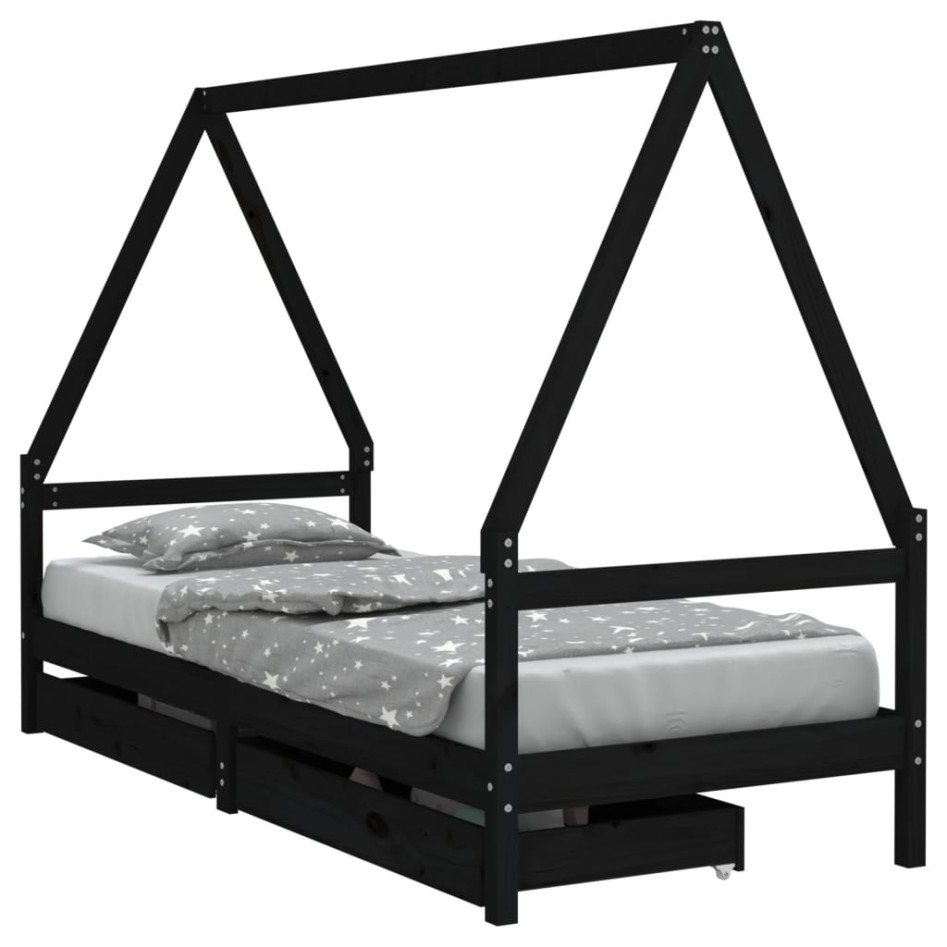 Estructura cama infantil y cajones madera pino negro 90x190