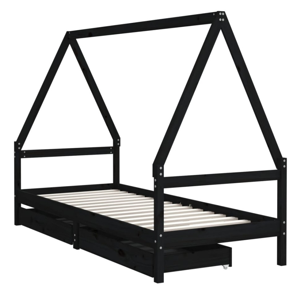 Estructura cama infantil y cajones madera pino negro 90x190