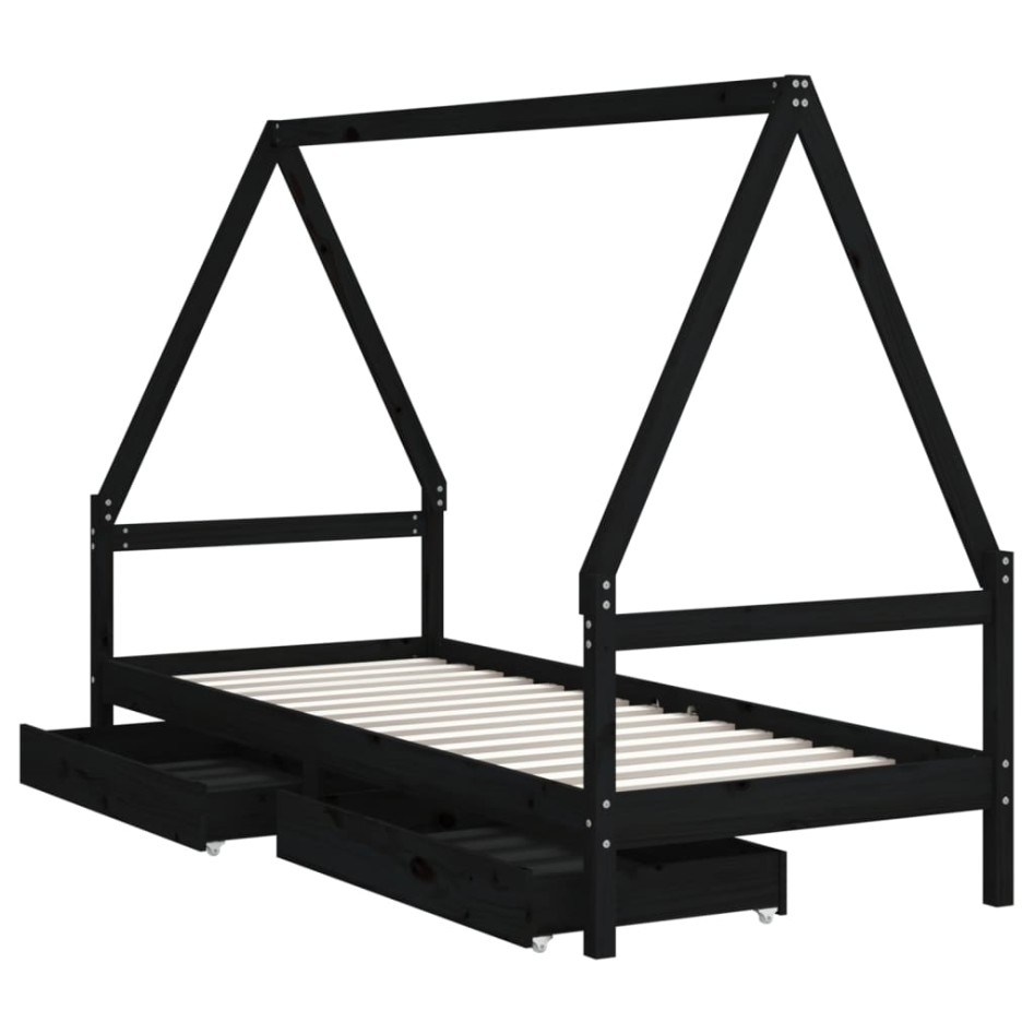 Estructura cama infantil y cajones madera pino negro 90x190