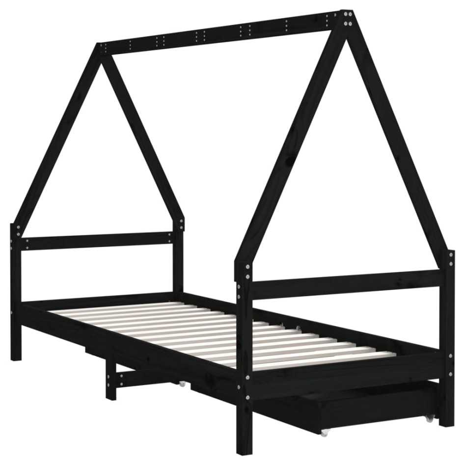 Estructura cama infantil y cajones madera pino negro 90x190