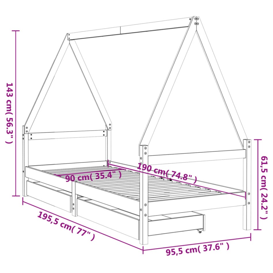 Estructura cama infantil y cajones madera pino negro 90x190