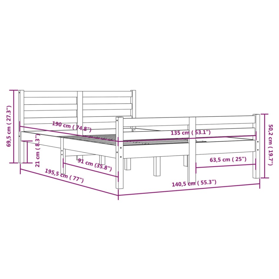 Estructura de cama de madera maciza blanca 135x190
