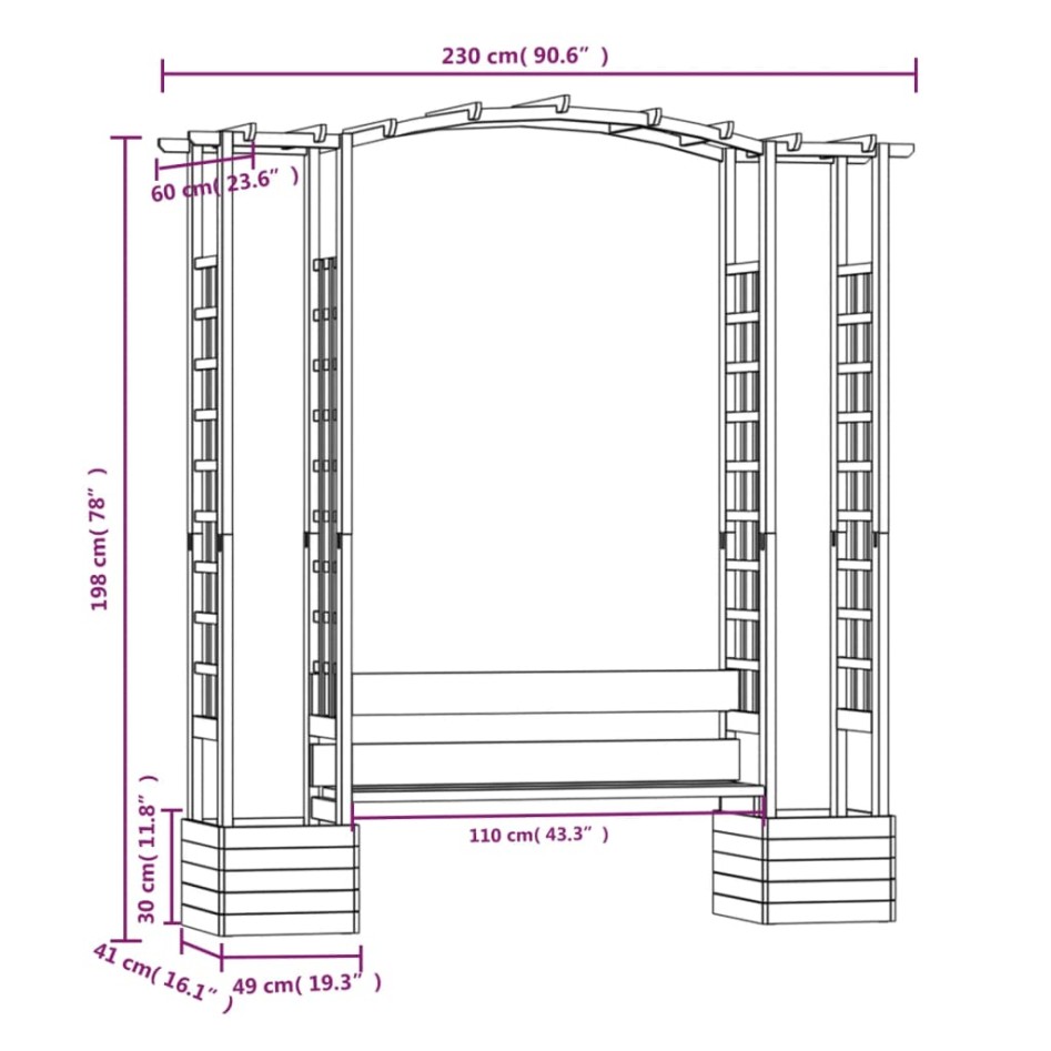 Pérgola de jardín con banco y jardineras madera pino