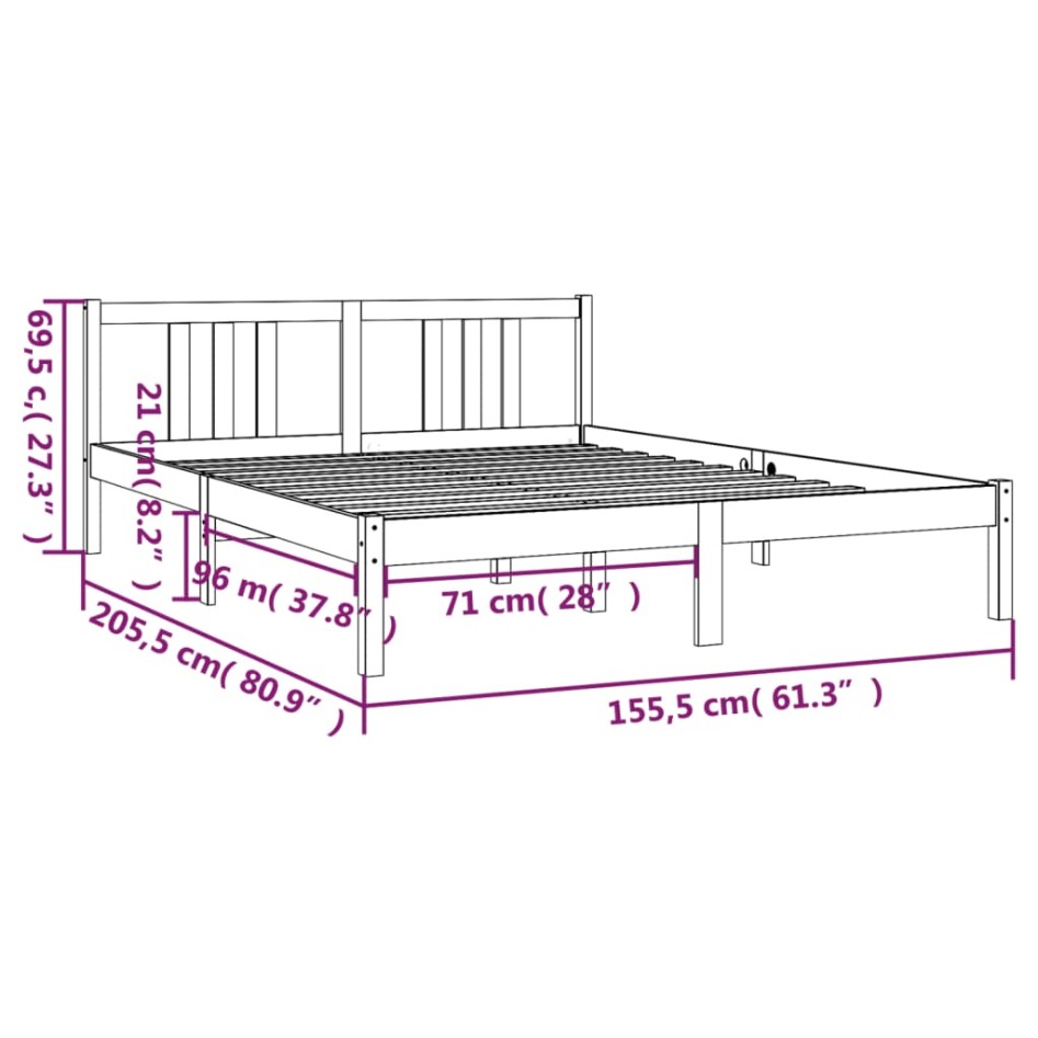 Estructura de cama madera maciza negra King Size 150x200