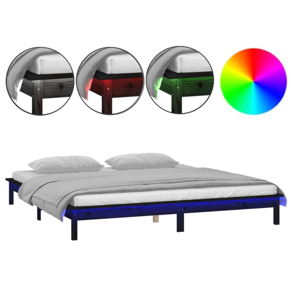 Estructura de cama con LED madera maciza negra 150x200