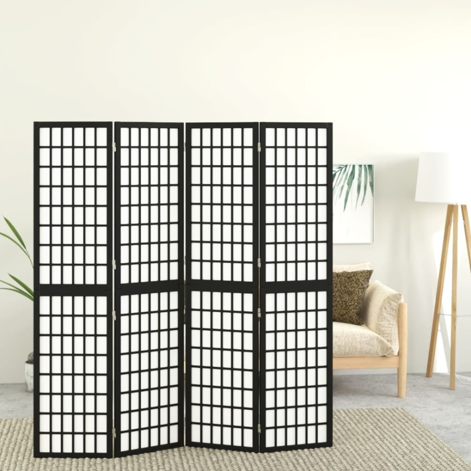 Biombo plegable con 4 paneles estilo japonés negro 160x170