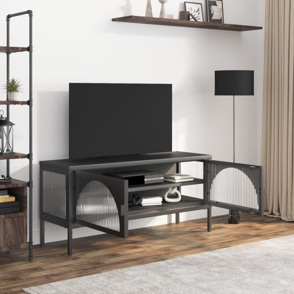 Mueble de TV vidrio y acero negro 105x35x50