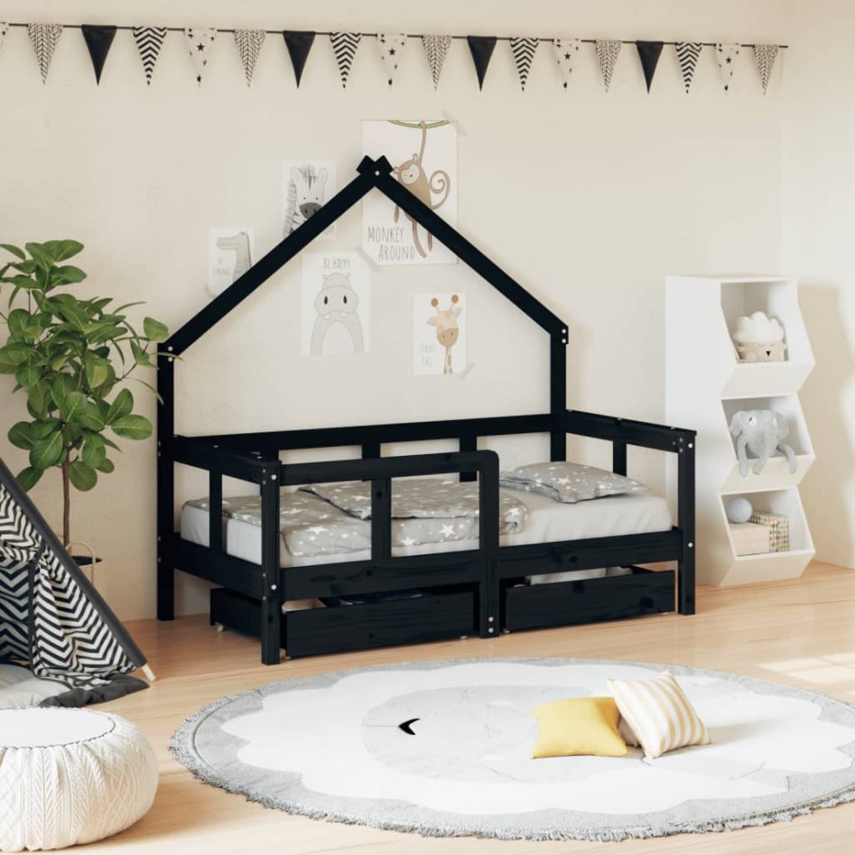Estructura de cama niños con cajones madera pino negro