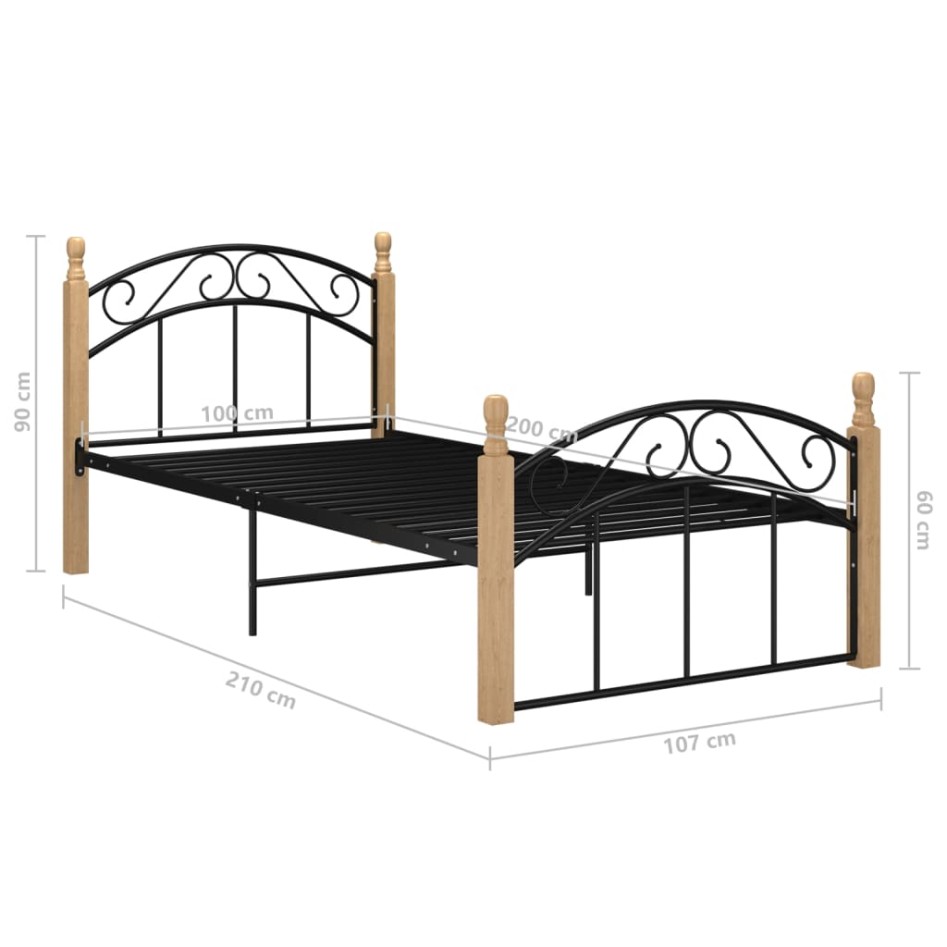 Estructura de cama metal y madera maciza de roble 100x200