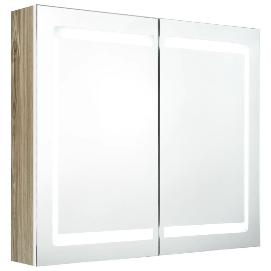 Armario de baño con espejo LED blanco y roble 80x12x68