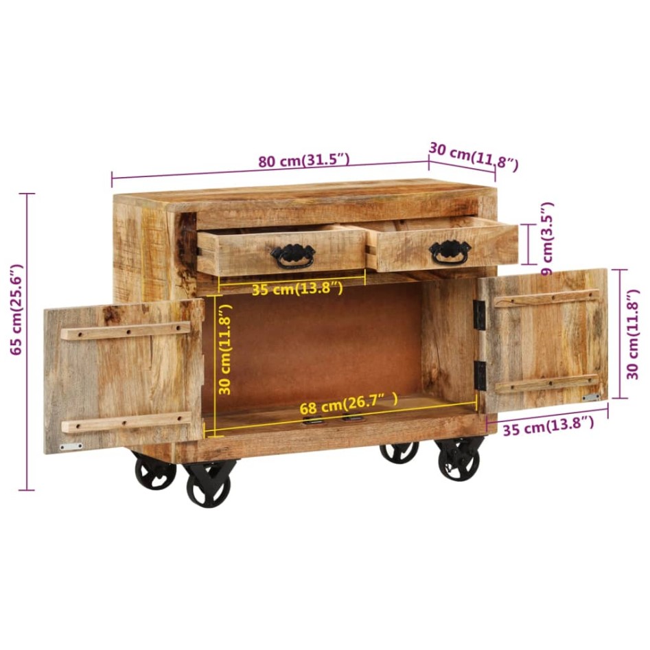 Aparador de madera maciza de mango sin tratar 80x30x65