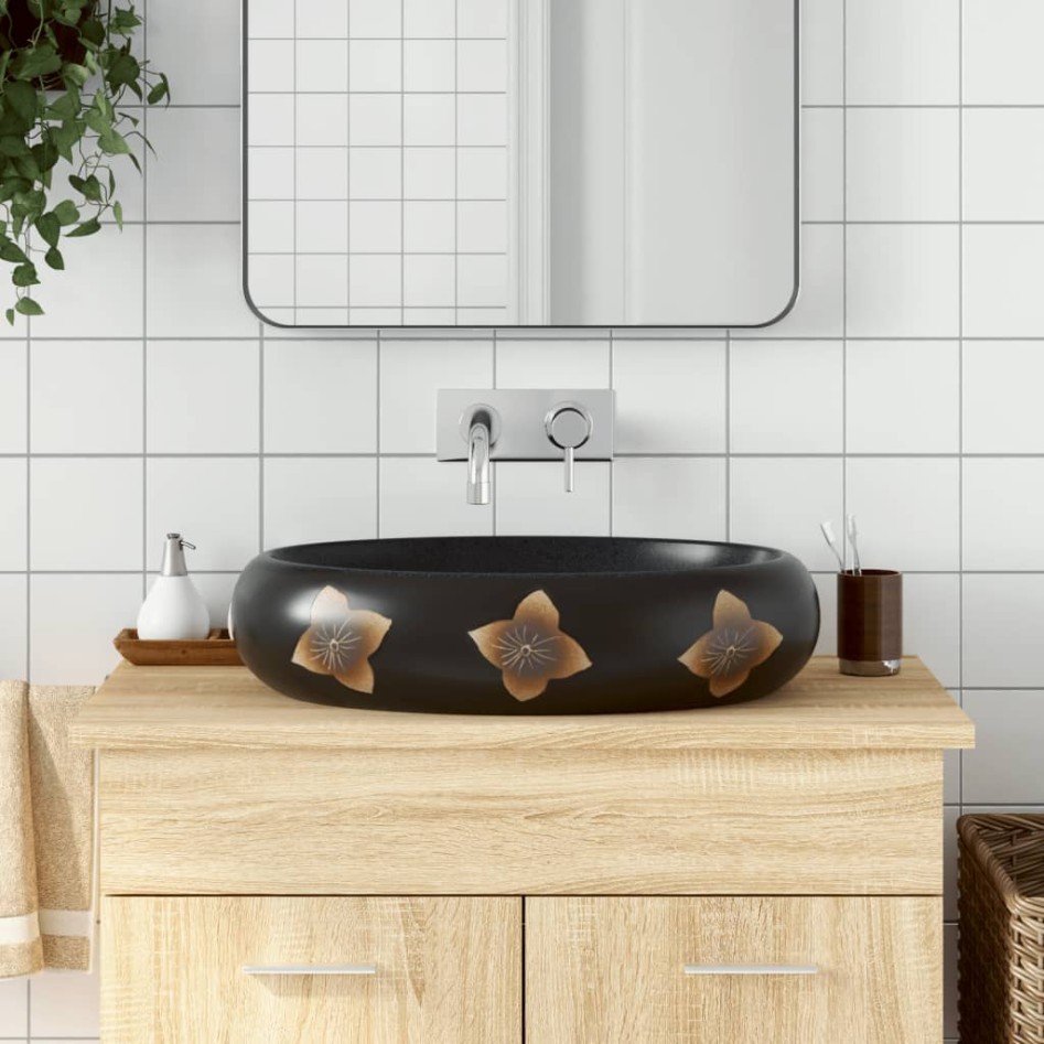 Lavabo sobre encimera ovalado cerámica negro y azul 59x40x15