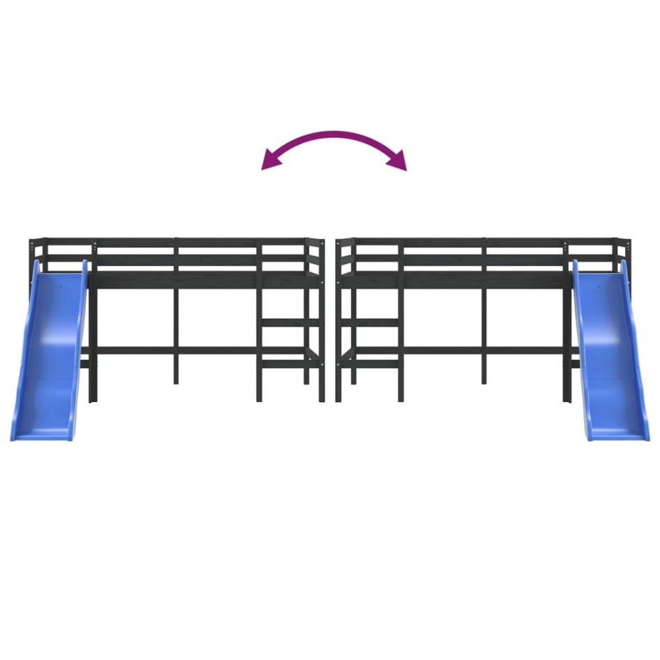 Cama alta para niños tobogán madera maciza pino negro 80x200