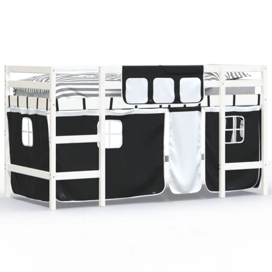 Cama alta niños con cortinas madera pino blanco negro 80x200