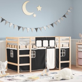 Cama alta niños con cortinas madera pino blanco negro 90x200