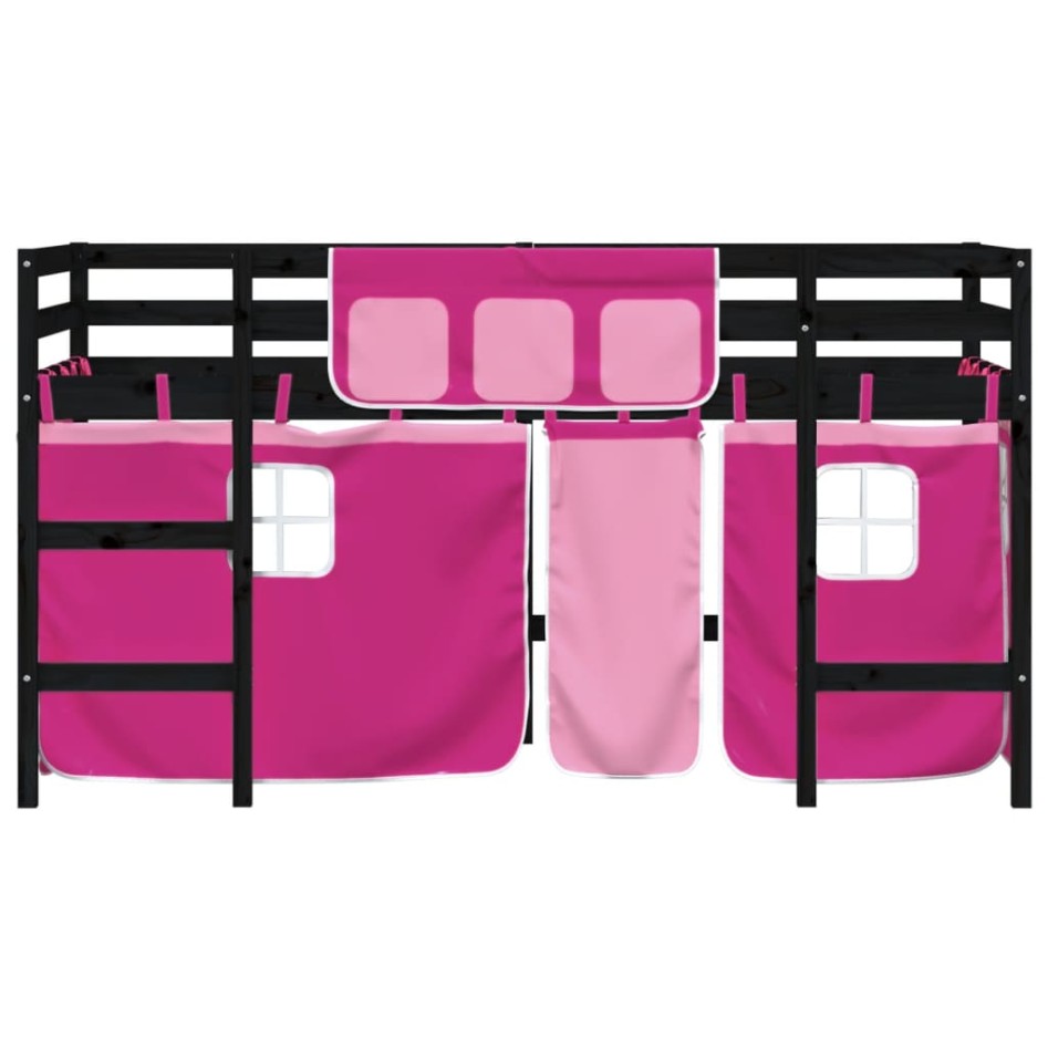 Cama alta para niños con cortinas madera pino rosa 90x200