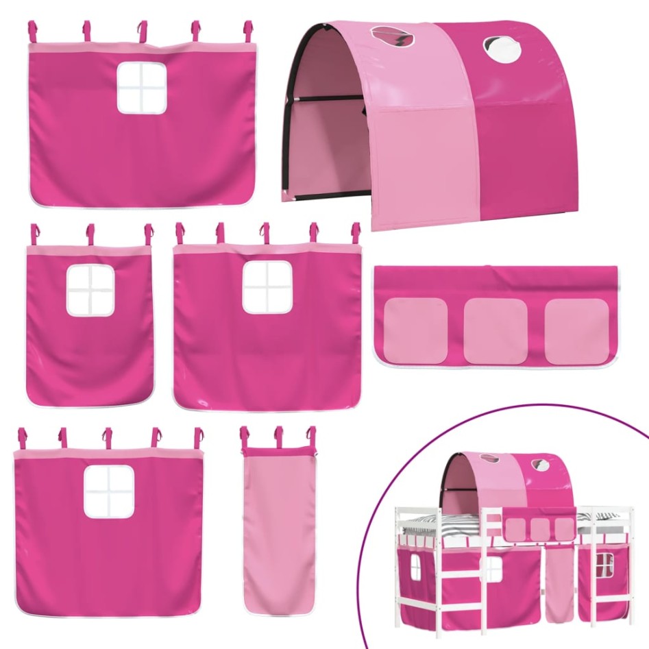 Cama alta para niños con túnel madera pino rosa 80x200