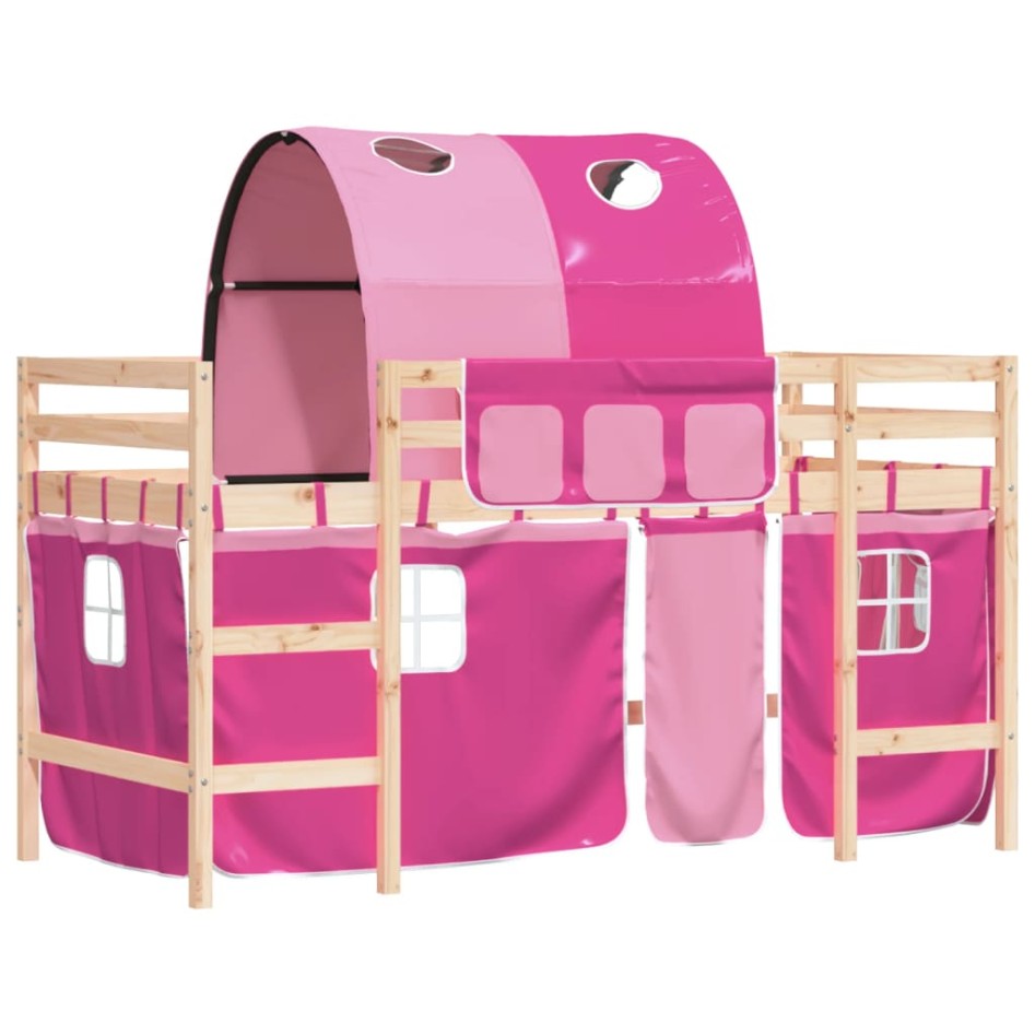 Cama alta para niños con túnel madera pino rosa 90x200
