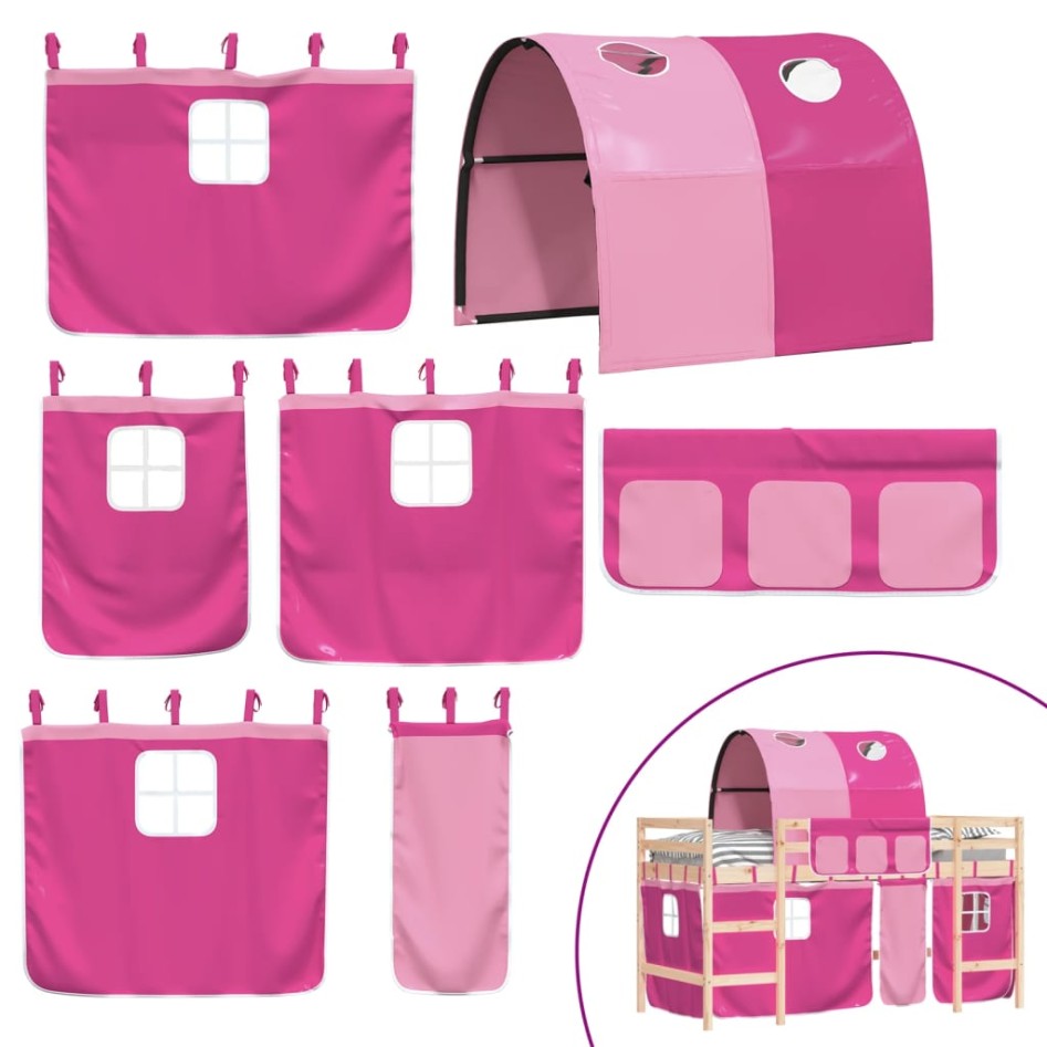 Cama alta para niños con túnel madera pino rosa 90x200