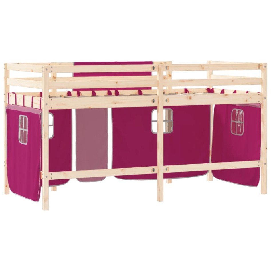Cama alta para niños con cortinas madera pino rosa 90x200