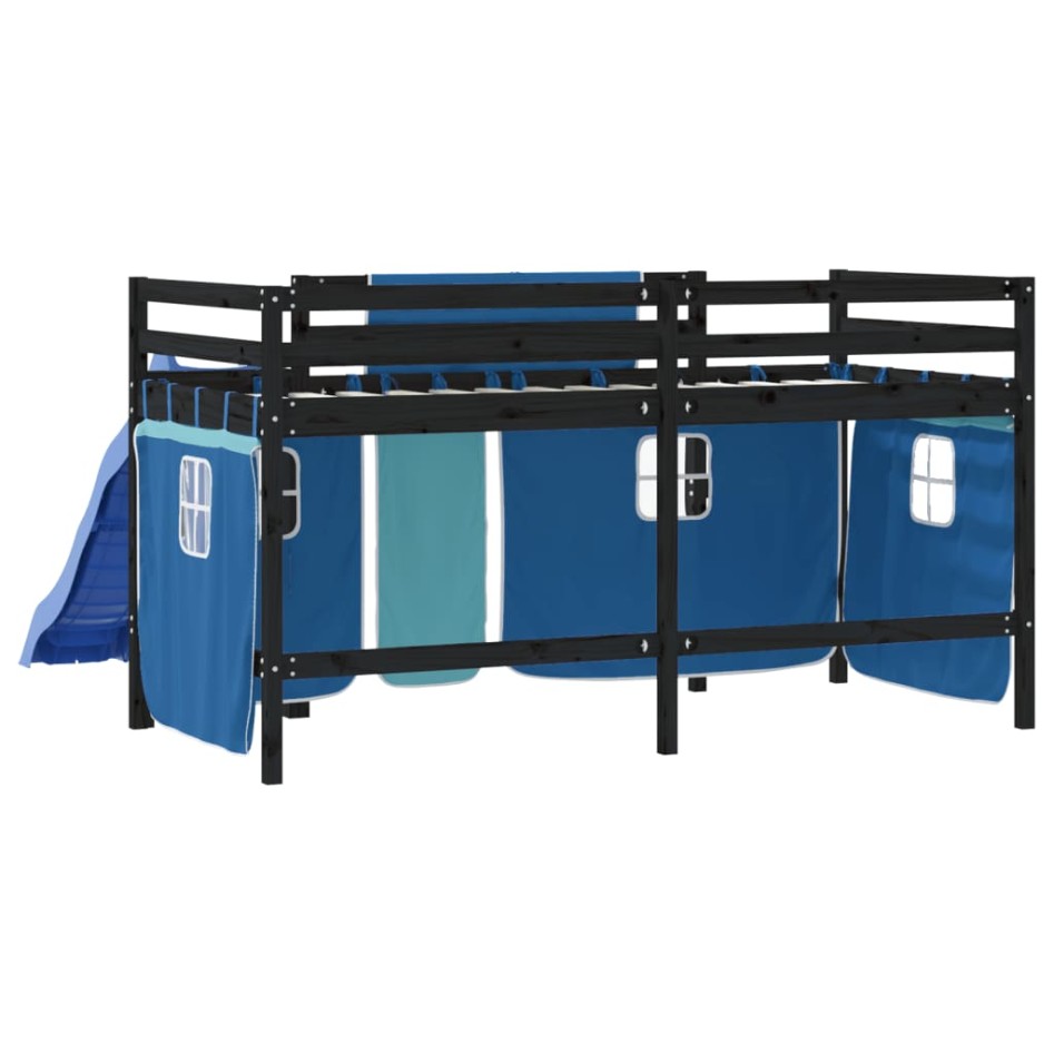 Cama alta para niños con cortinas madera pino azul 90x200