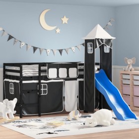Cama alta niños con torre madera pino blanco negro 90x200