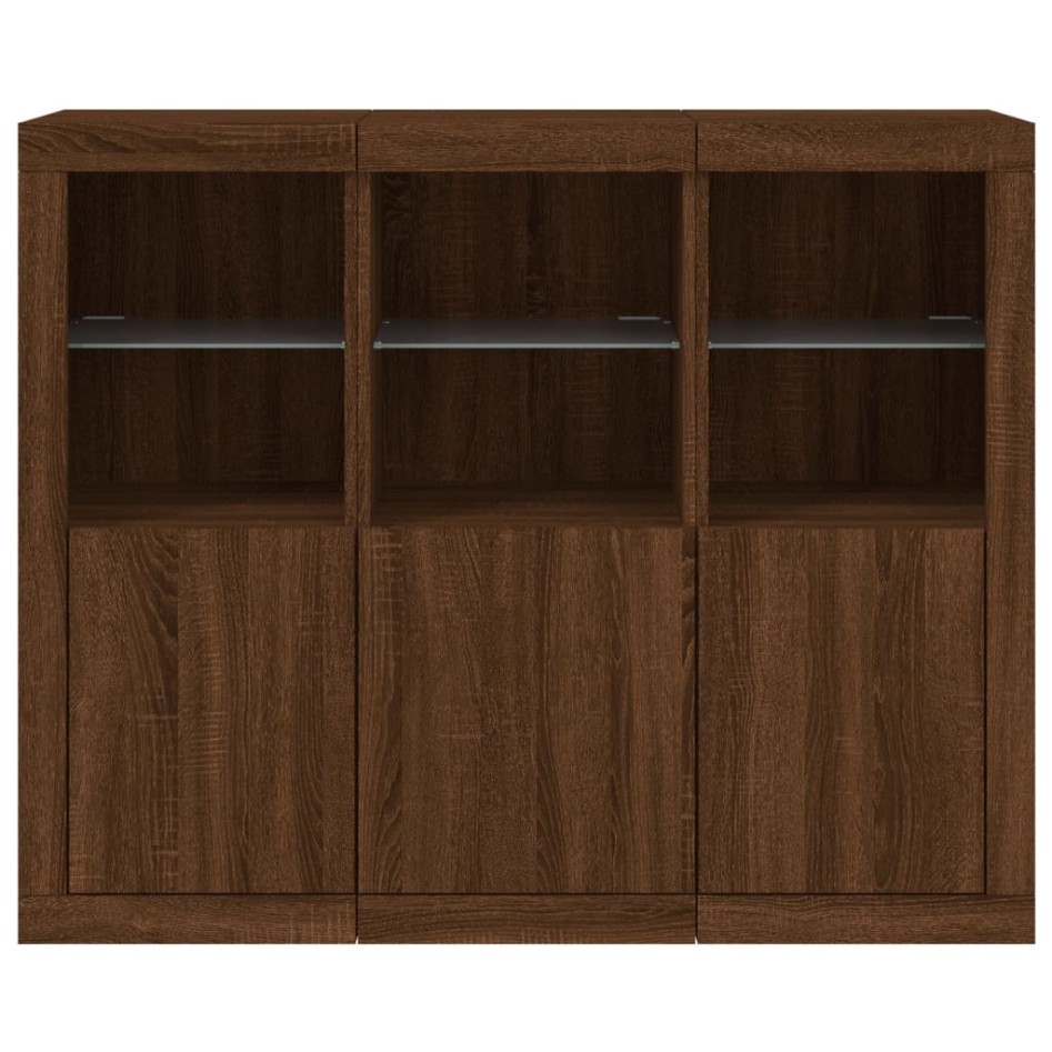 Aparador con luz LED 3 pzas madera de ingeniería marrón