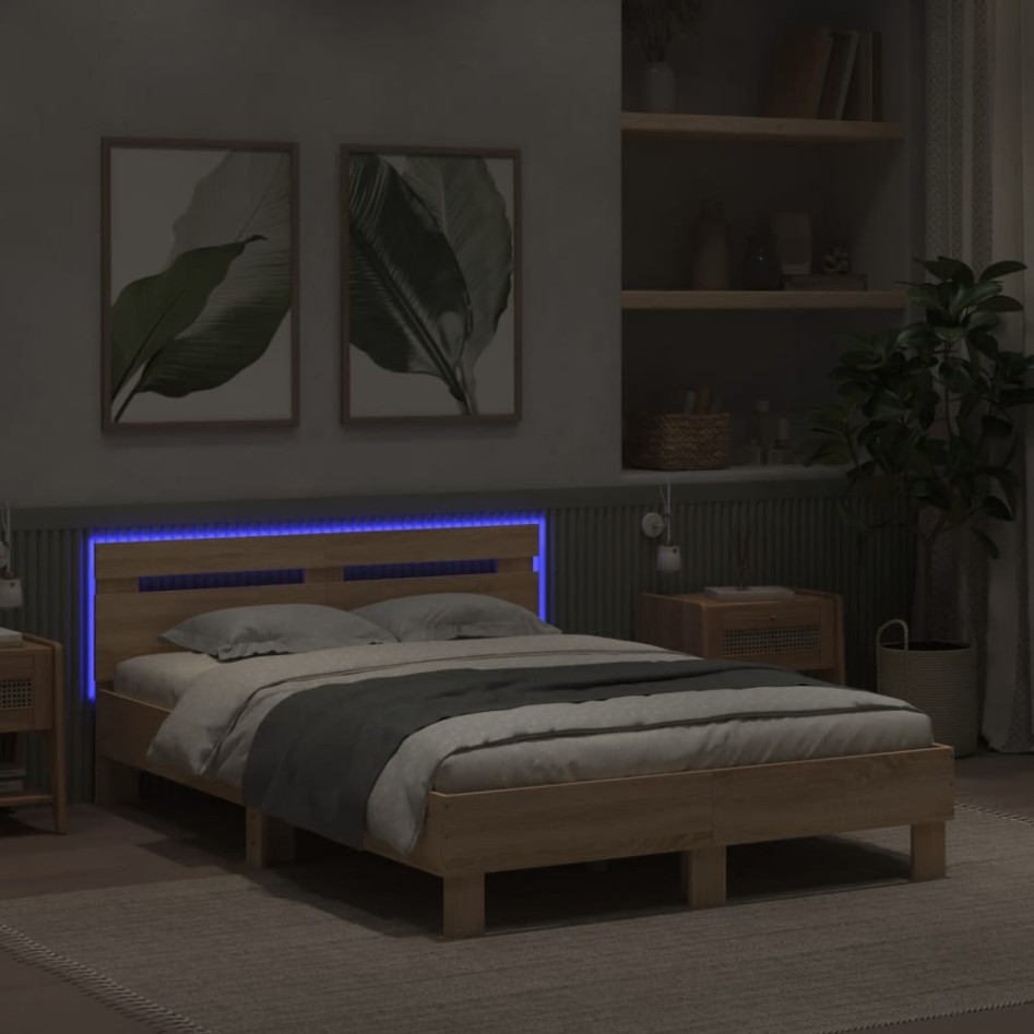 Estructura de cama cabecero y luces LED roble Sonoma 135x190