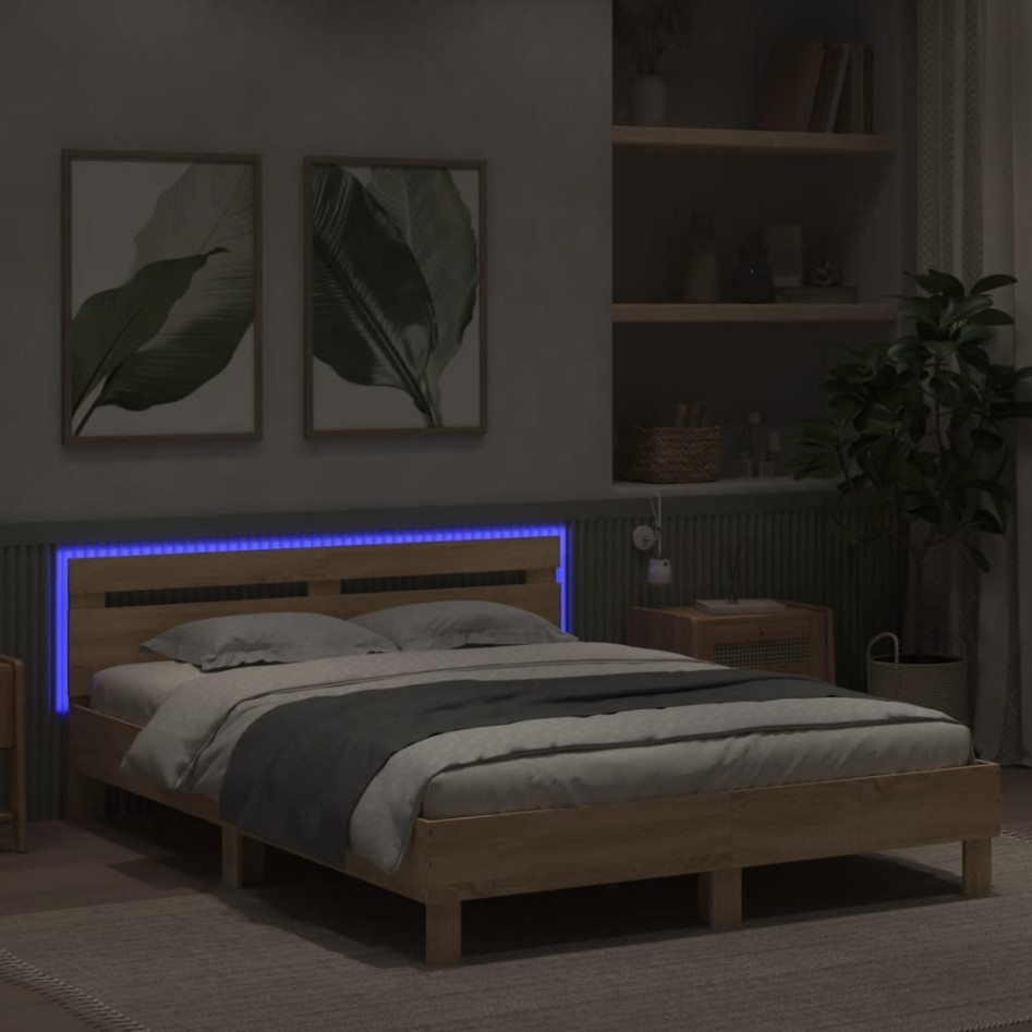 Estructura de cama cabecero y luces LED roble Sonoma 140x190
