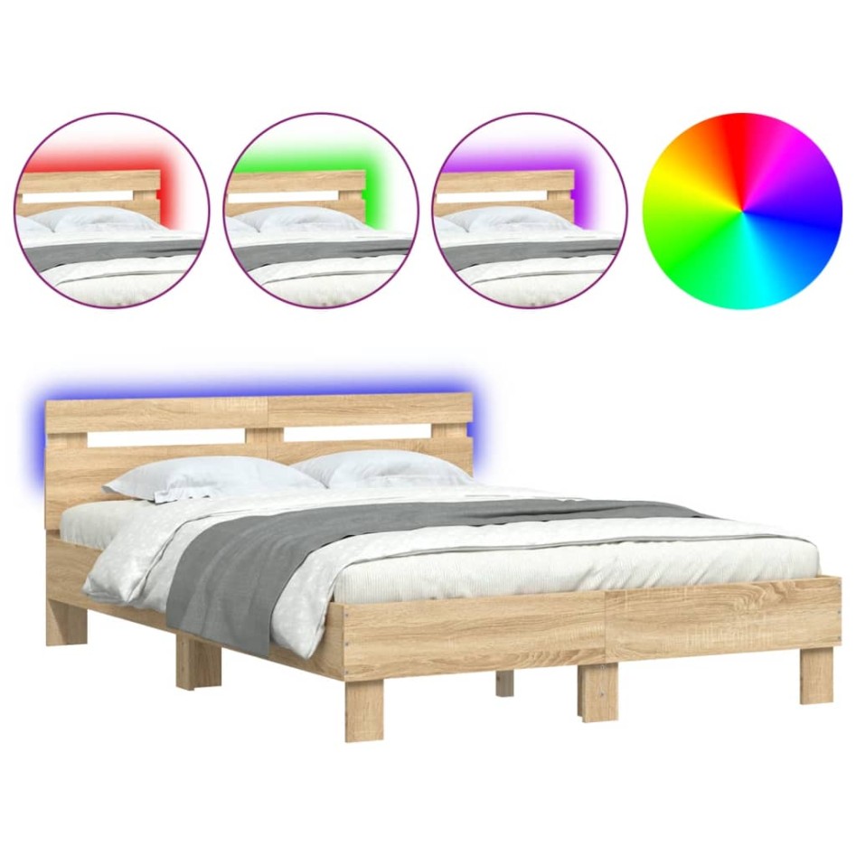 Estructura de cama cabecero y luces LED roble Sonoma 120x190