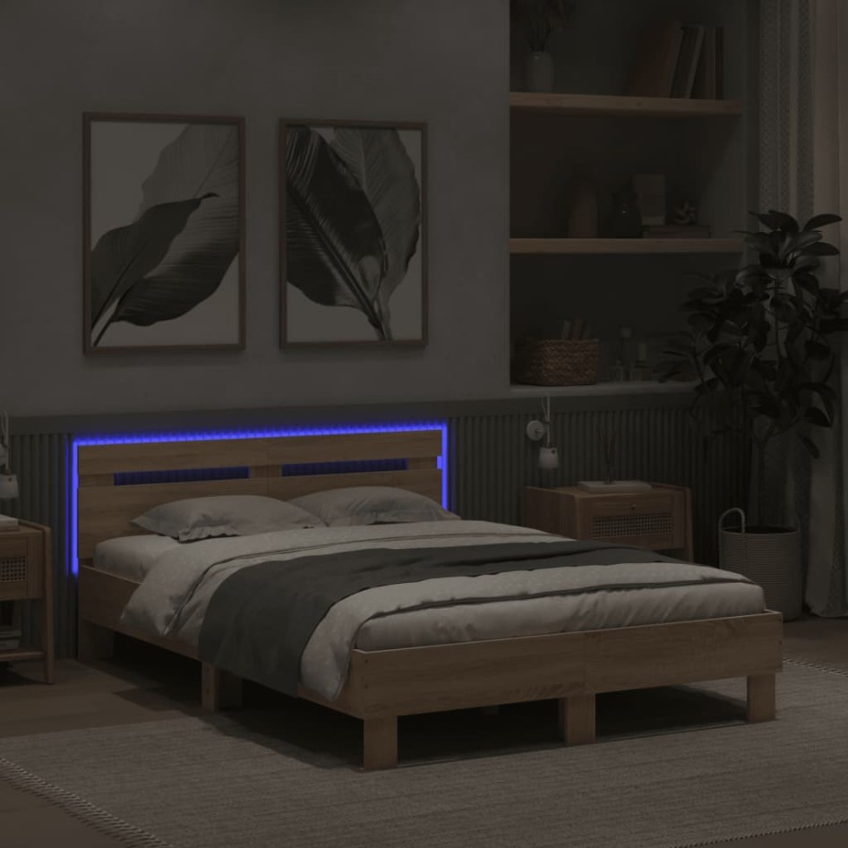 Estructura de cama cabecero y luces LED roble Sonoma 120x190