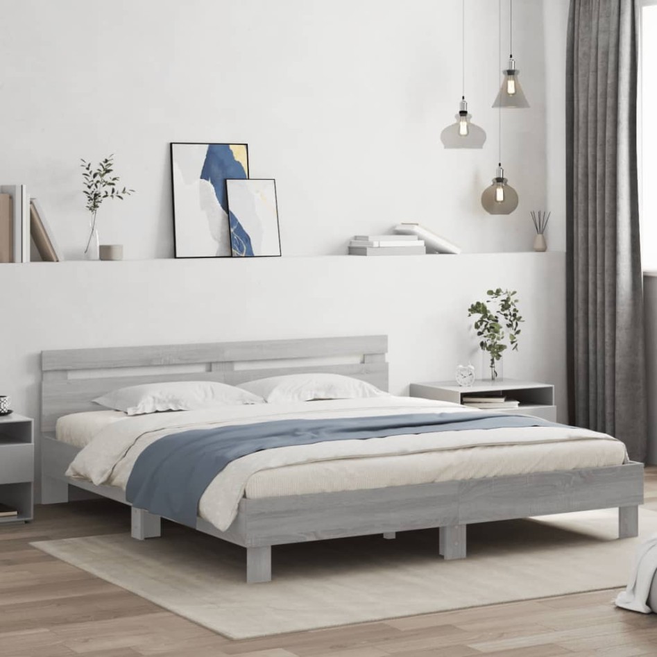 Cama con cabecero madera de ingeniería gris Sonoma 180x200