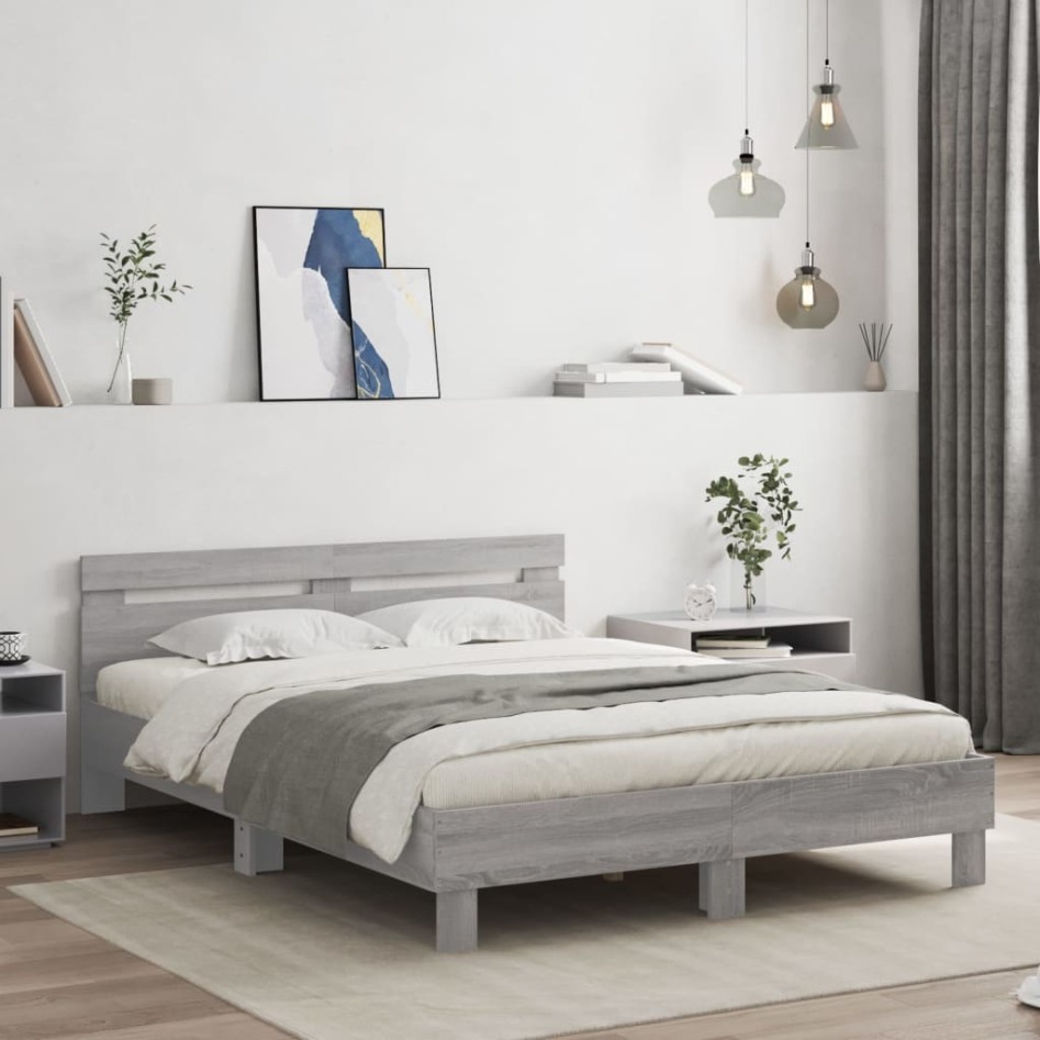 Cama con cabecero madera de ingeniería gris Sonoma 140x200