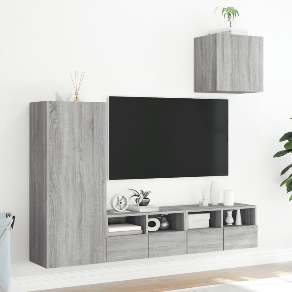 Muebles de TV de pared 4 pzas madera de ingeniería gris