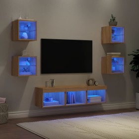 Muebles TV pared con LED 7 pzas madera ingeniería roble
