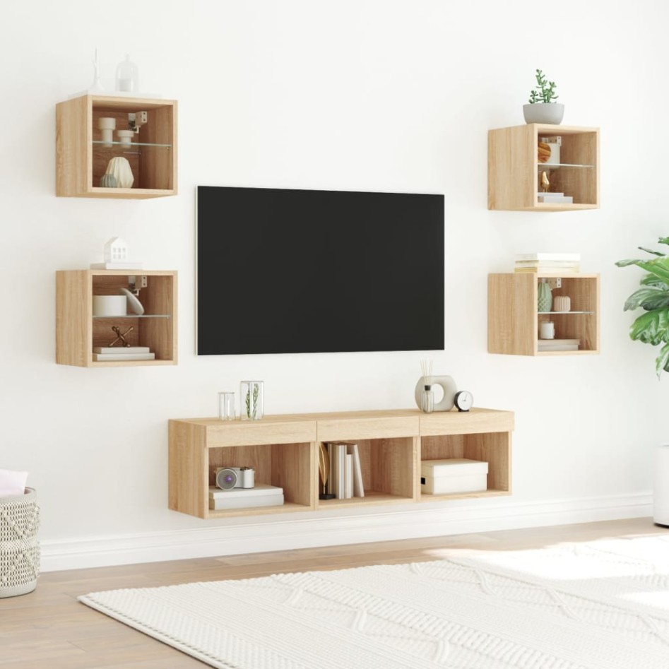 Muebles TV pared con LED 7 pzas madera ingeniería roble