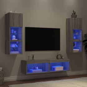 Muebles TV pared con LED 6 pzas madera ingeniería gris
