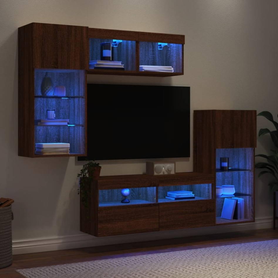 Muebles TV pared con LED 5 pzas madera ingeniería marrón