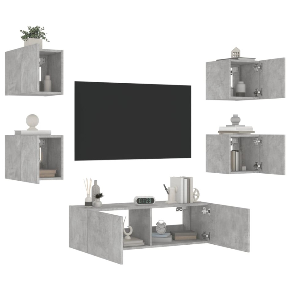 Muebles de TV de pared con luces LED 5 piezas gris